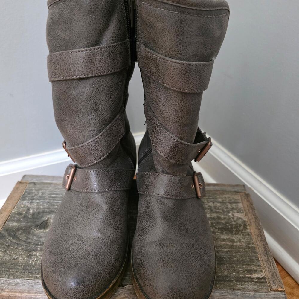 Roxy Rudy Boots Women's Size 5.5 Brown Faux Leather Fur Lined Moto Buckle